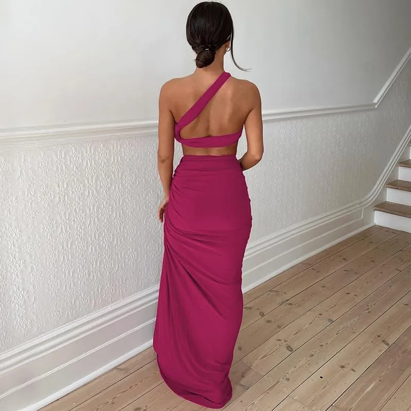 Women Sexy Maxi Skirt Set Y2k Strapless One Shoulder Hollow Out Tops High Split Skirt 2 Piece Party Club Dress