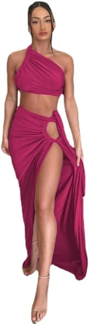 Women Sexy Maxi Skirt Set Y2k Strapless One Shoulder Hollow Out Tops High Split Skirt 2 Piece Party Club Dress