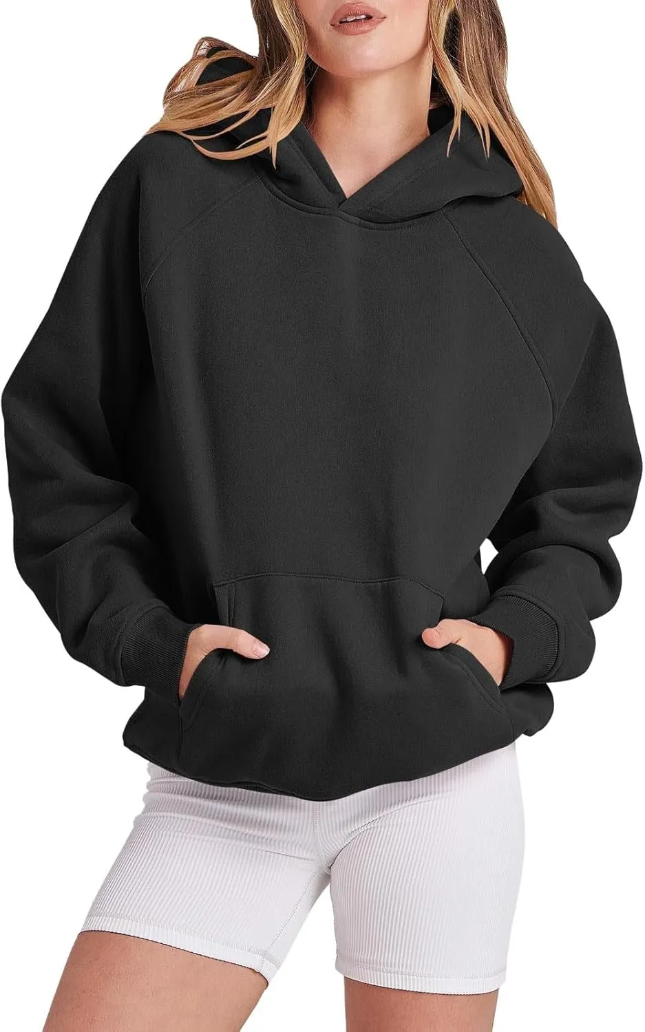 Women Solid Basic Loose Hoodie Fleece Long Sleeve Pocket Drop Shoulder Pullovers Oversized Hooded Sweatshirts Top