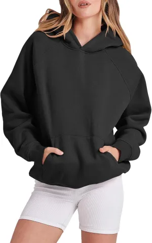 Women Solid Basic Loose Hoodie Fleece Long Sleeve Pocket Drop Shoulder Pullovers Oversized Hooded Sweatshirts Top