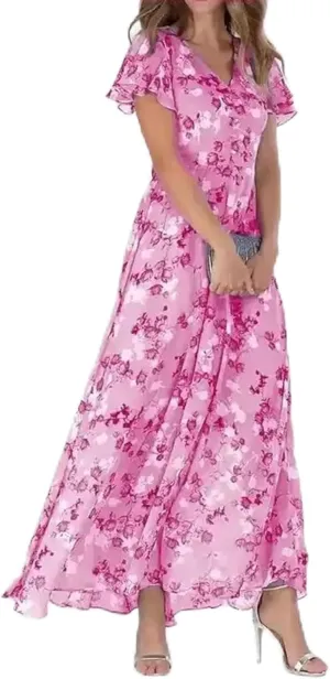 Women Summer Bohemian Floral Chiffon Wrap V Neck Ruffle Cap Sleeveless A-Line Pleated Hem Midi Beach Swing Sun Dress