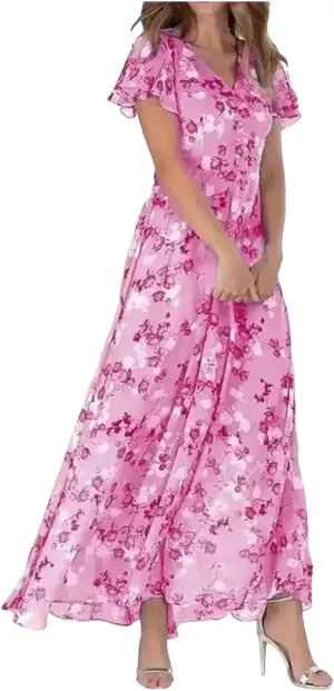 Women Summer Bohemian Floral Chiffon Wrap V Neck Ruffle Cap Sleeveless A-Line Pleated Hem Midi Beach Swing Sun Dress