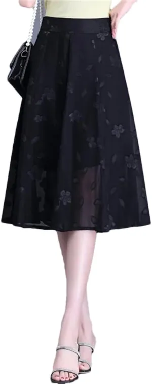 Women Summer Burning Flower A-Line Skirt High Waist Pleated Mid-Thigh Temperament OL Office Lady Midiskirt