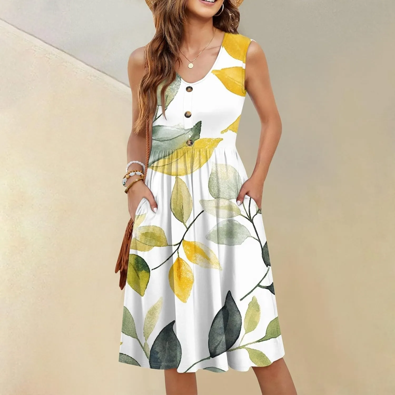 Women Summer Dresses Sleeveless Casual Loose Swing Button Down Midi Dress with Pockets Wedding Guest Dress