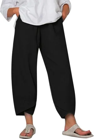 Women Summer Plus Size Cotton Linen Pants Loose Casual Wide Leg Cropped Trousers with Pockets S-5XL