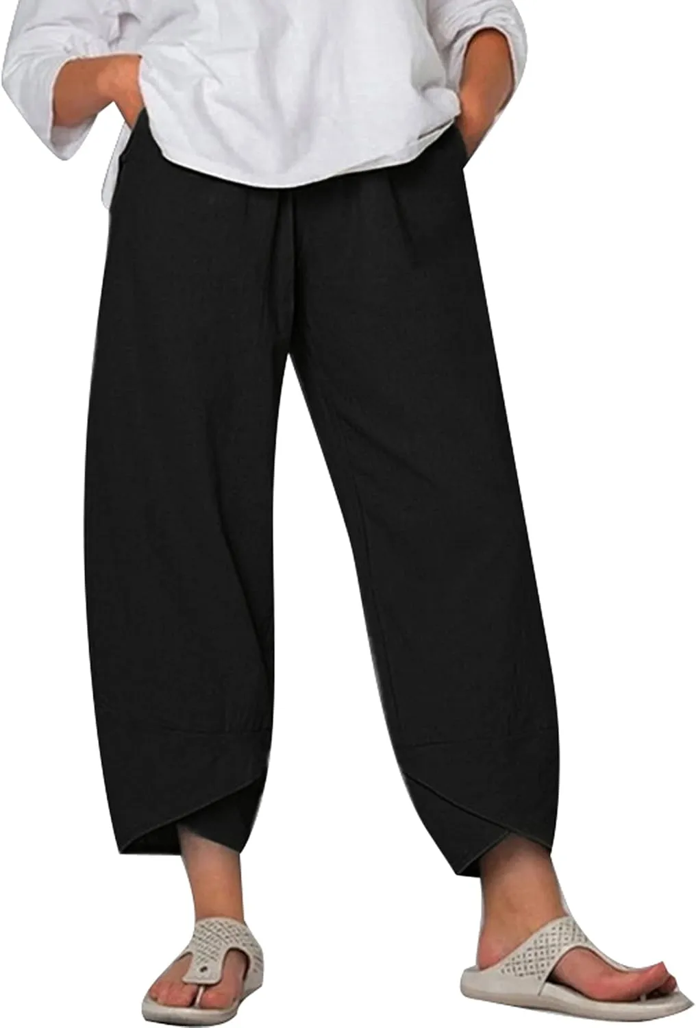 Women Summer Plus Size Cotton Linen Pants Loose Casual Wide Leg Cropped Trousers with Pockets S-5XL