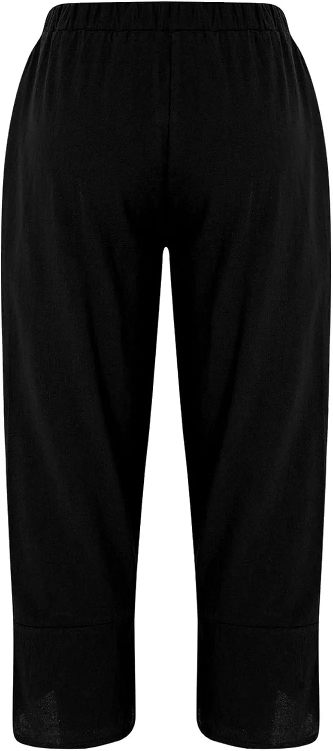 Women Summer Plus Size Cotton Linen Pants Loose Casual Wide Leg Cropped Trousers with Pockets S-5XL