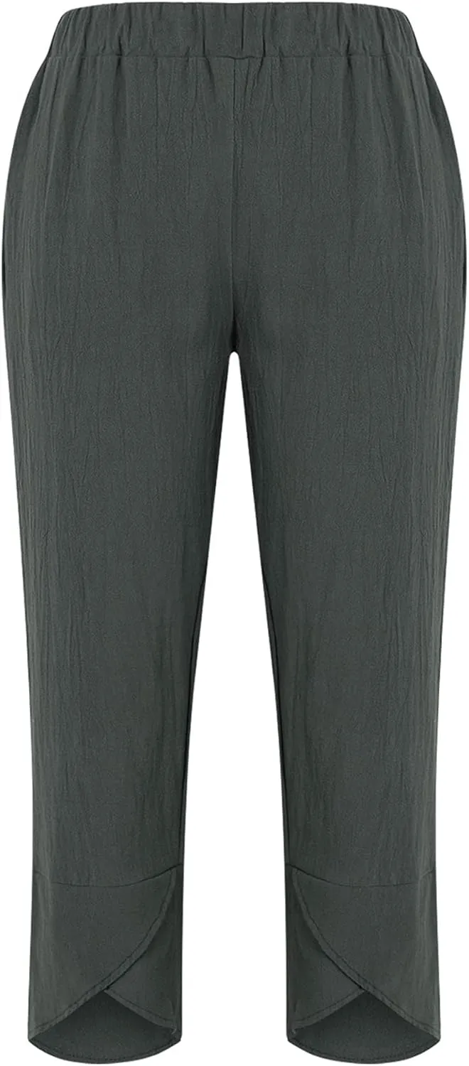 Women Summer Plus Size Cotton Linen Pants Loose Casual Wide Leg Cropped Trousers with Pockets S-5XL
