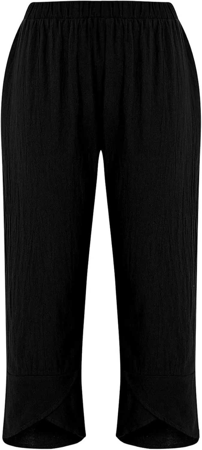 Women Summer Plus Size Cotton Linen Pants Loose Casual Wide Leg Cropped Trousers with Pockets S-5XL