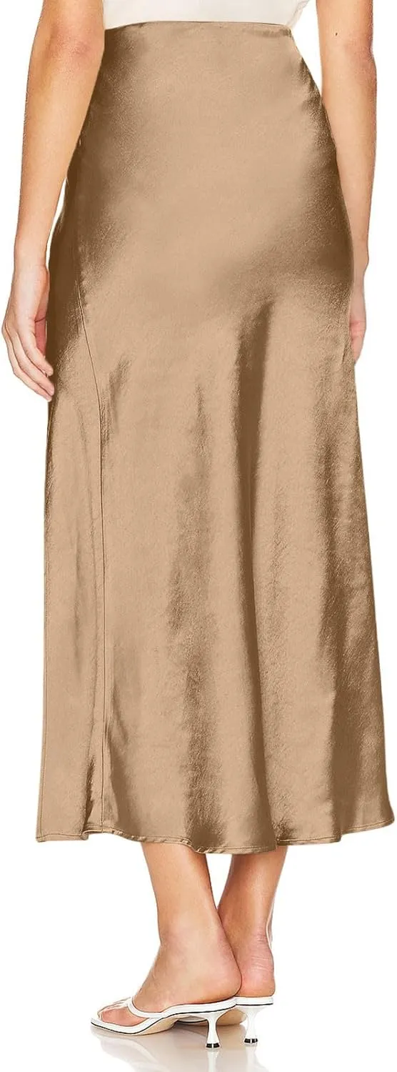 Women Summer Spring Long Satin Skirt Silk Elegant High Waist Cocktail Party Wedding Side Slit Flowy Aline Midi Skirts