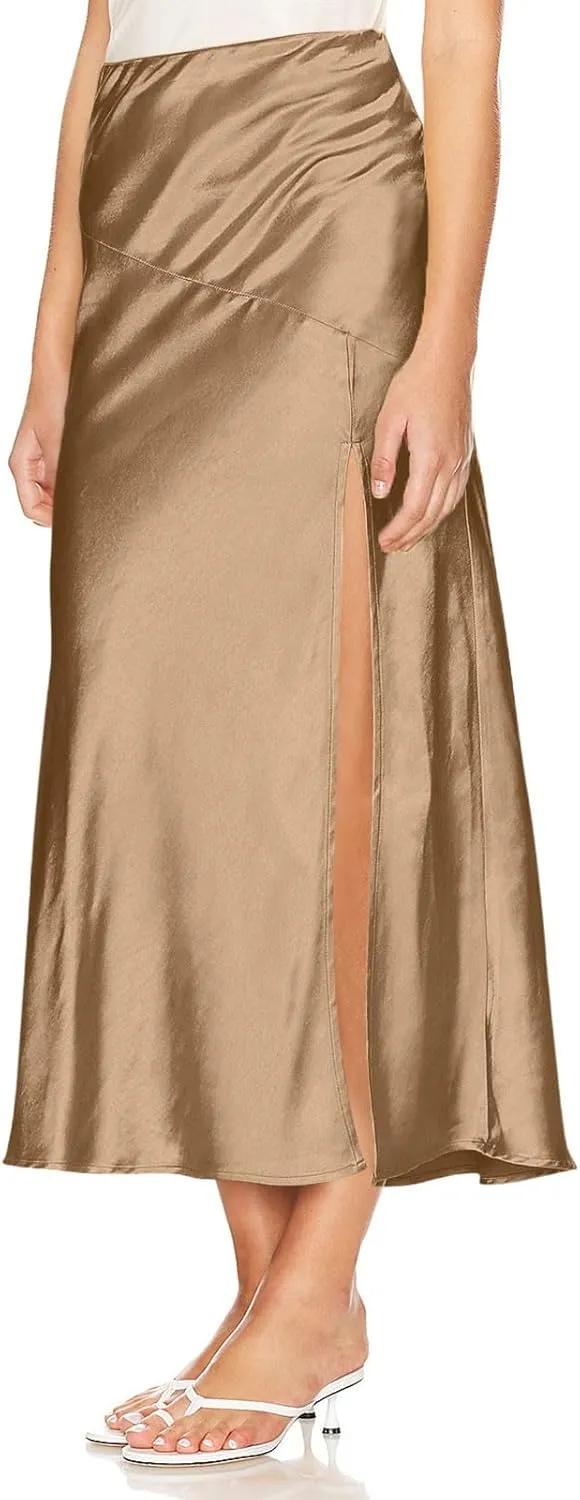 Women Summer Spring Long Satin Skirt Silk Elegant High Waist Cocktail Party Wedding Side Slit Flowy Aline Midi Skirts