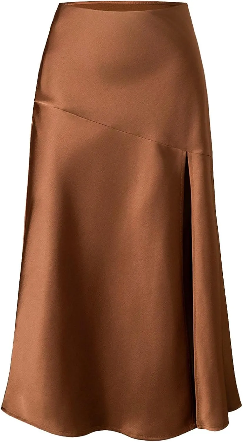 Women Summer Spring Long Satin Skirt Silk Elegant High Waist Cocktail Party Wedding Side Slit Flowy Aline Midi Skirts