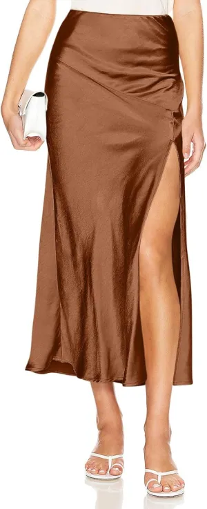 Women Summer Spring Long Satin Skirt Silk Elegant High Waist Cocktail Party Wedding Side Slit Flowy Aline Midi Skirts