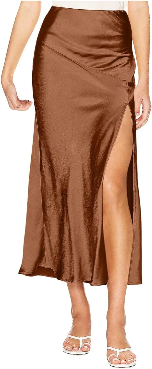 Women Summer Spring Long Satin Skirt Silk Elegant High Waist Cocktail Party Wedding Side Slit Flowy Aline Midi Skirts