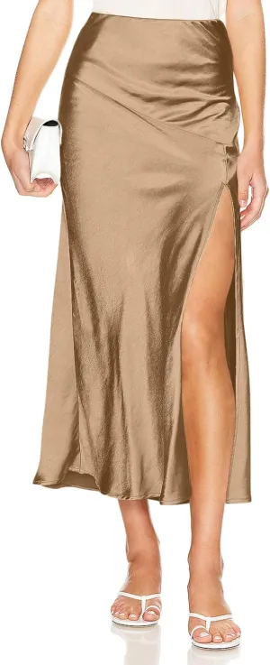 Women Summer Spring Long Satin Skirt Silk Elegant High Waist Cocktail Party Wedding Side Slit Flowy Aline Midi Skirts