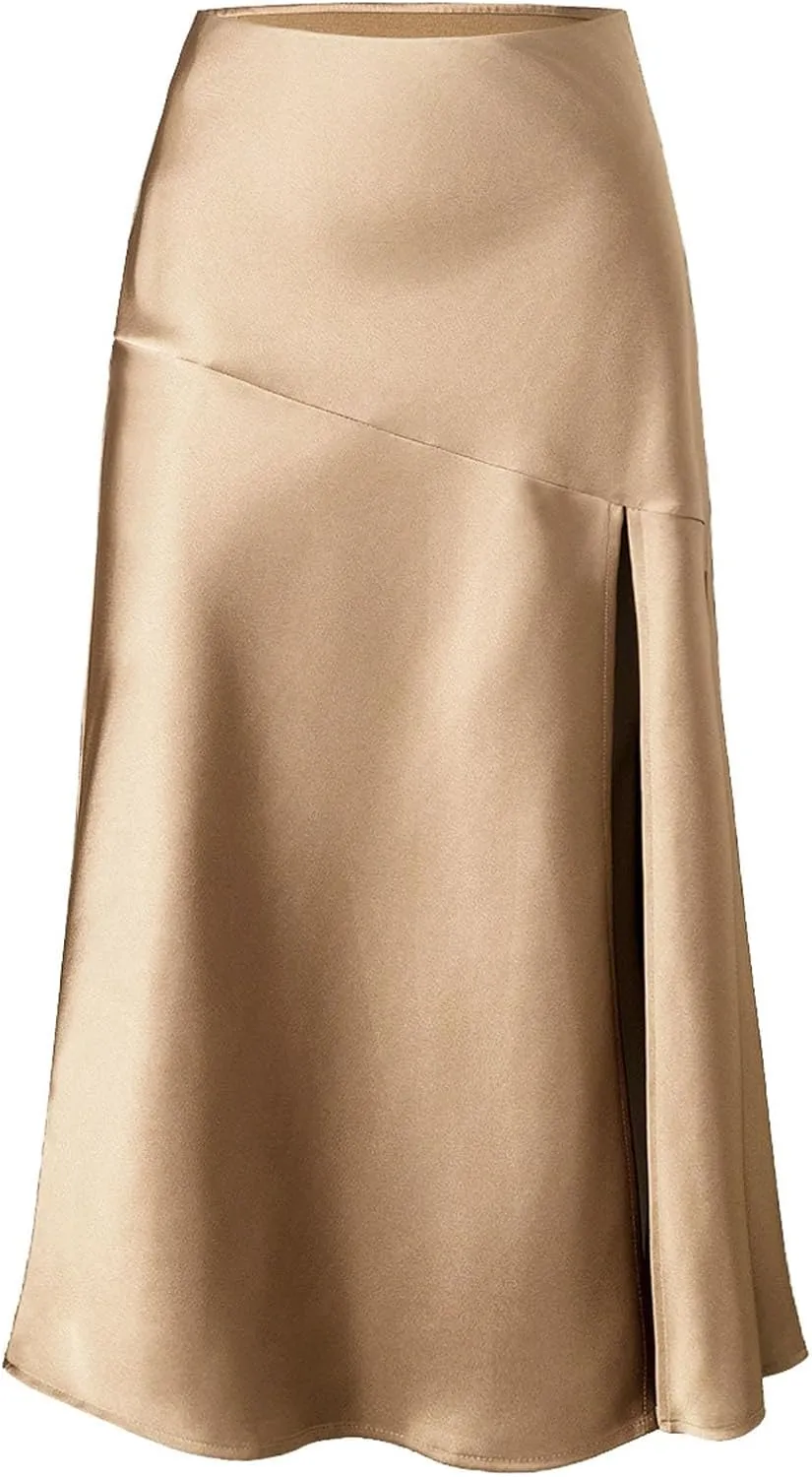 Women Summer Spring Long Satin Skirt Silk Elegant High Waist Cocktail Party Wedding Side Slit Flowy Aline Midi Skirts