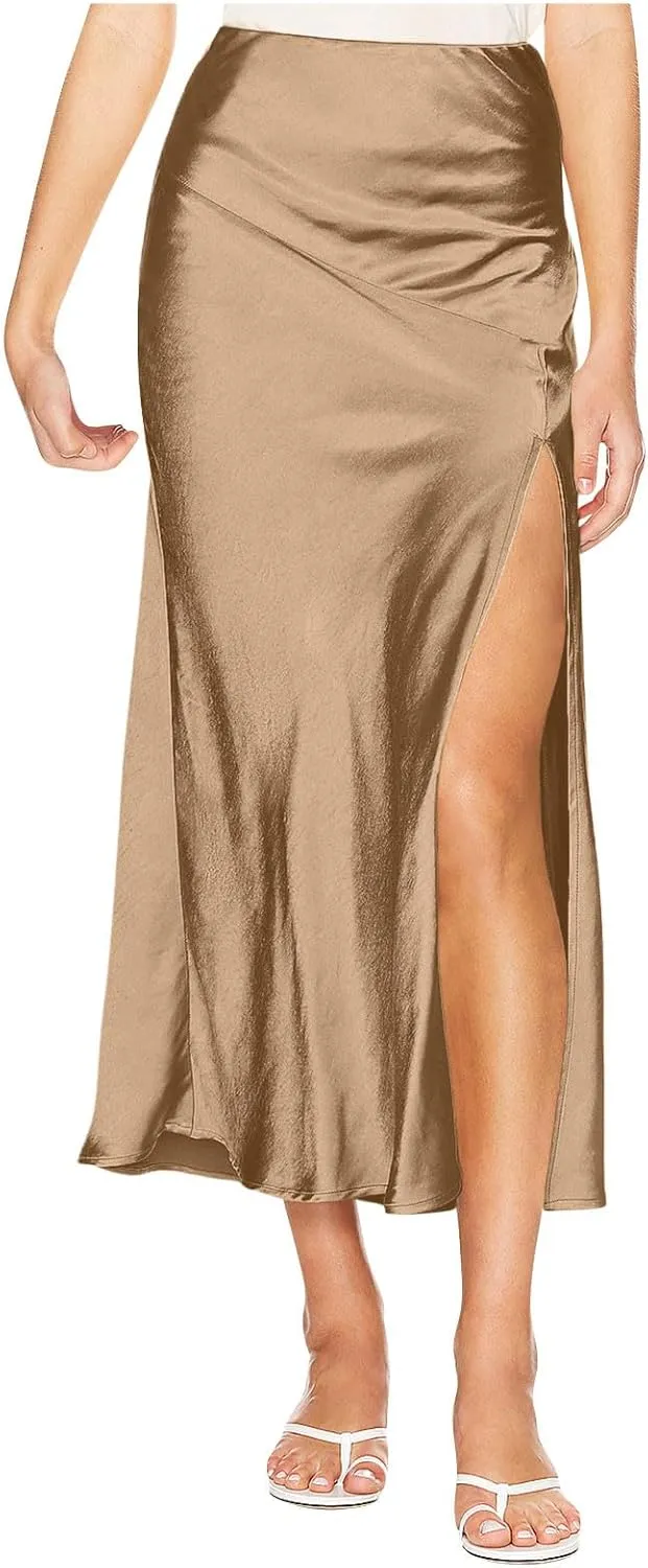 Women Summer Spring Long Satin Skirt Silk Elegant High Waist Cocktail Party Wedding Side Slit Flowy Aline Midi Skirts