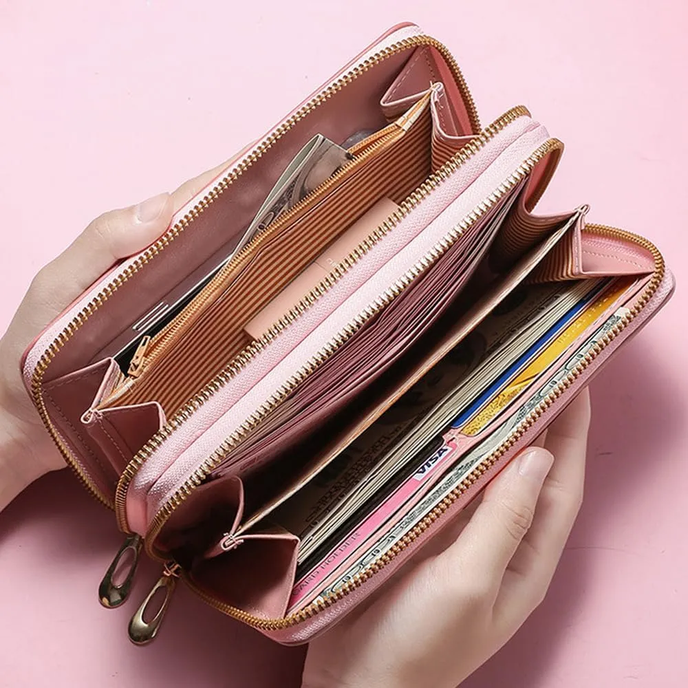 Women Wallet with Wristlet, Large Capacity Zip Around Long Purse, Female Ladies Card Holder Cell Phone Pocket