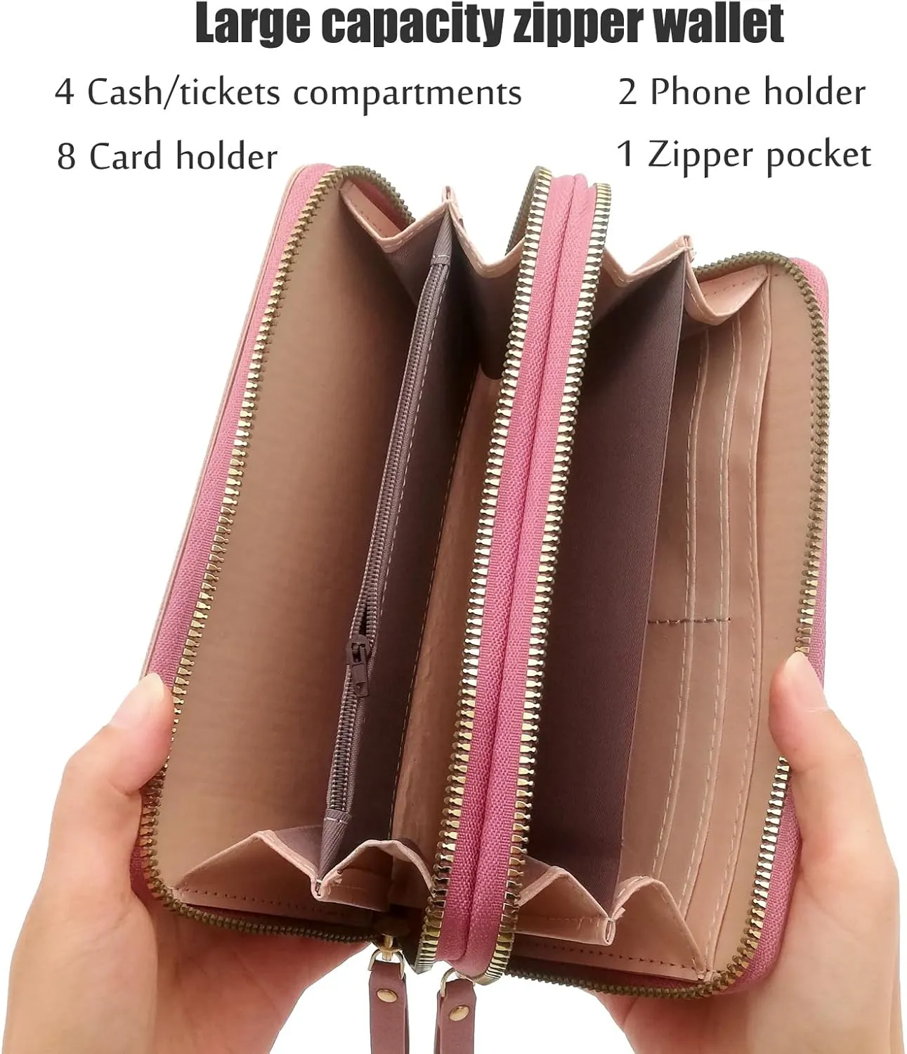 Women Wallet Wristlet, Large Capacity Zipper Long Purse, Female Ladies Card Holder Cellphone Pocket