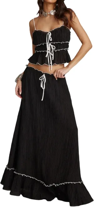Women Y2k 2 Piece Skirt Sets Tie Front Cami Top and Ruffle Flowy Maxi Skirt Set Vacation Beachwear Outfits