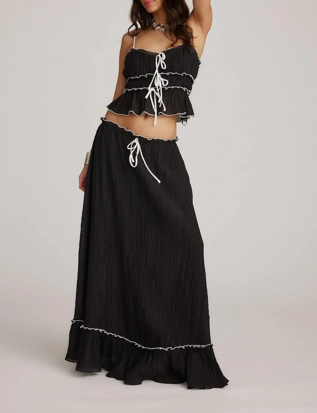 Women Y2k 2 Piece Skirt Sets Tie Front Cami Top and Ruffle Flowy Maxi Skirt Set Vacation Beachwear Outfits