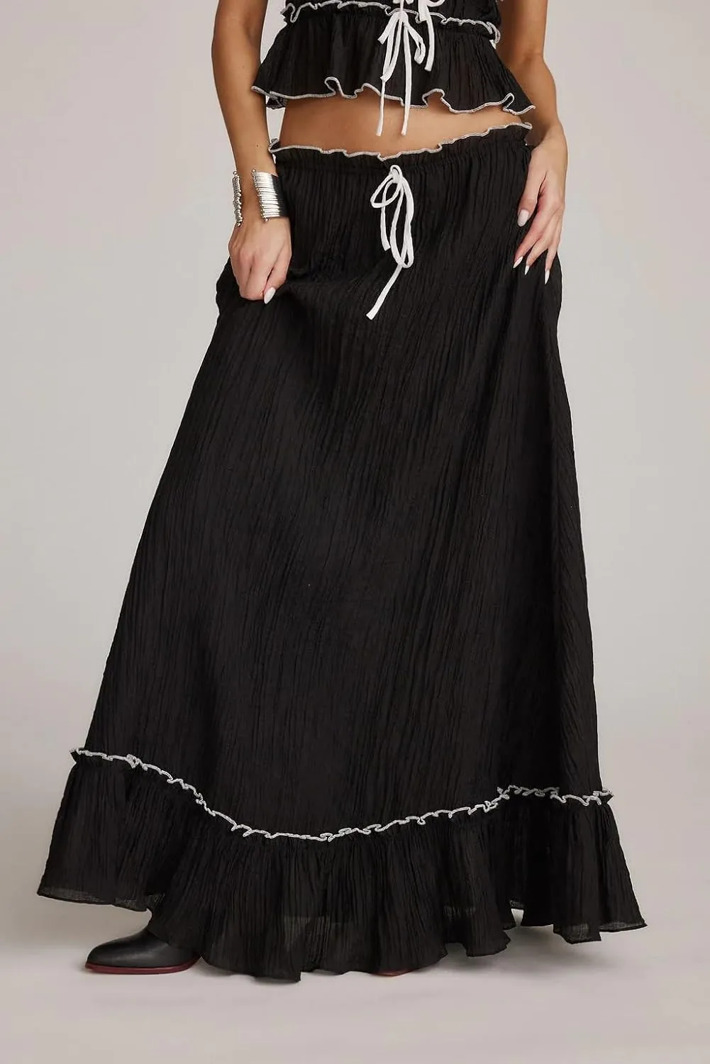Women Y2k 2 Piece Skirt Sets Tie Front Cami Top and Ruffle Flowy Maxi Skirt Set Vacation Beachwear Outfits