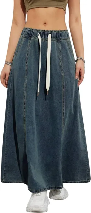 Women Y2K Casual Denim Long Skirts Drawstring Elastic High Waisted A Line Midi Flowy Jean Skirt with Pockets