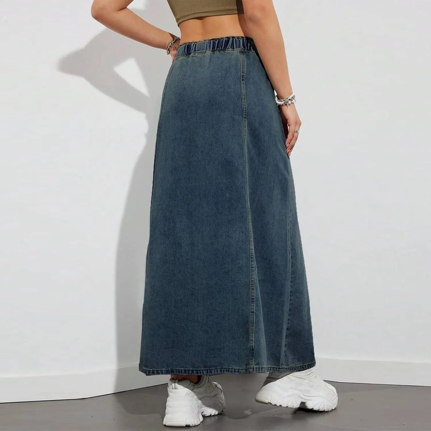 Women Y2K Casual Denim Long Skirts Drawstring Elastic High Waisted A Line Midi Flowy Jean Skirt with Pockets