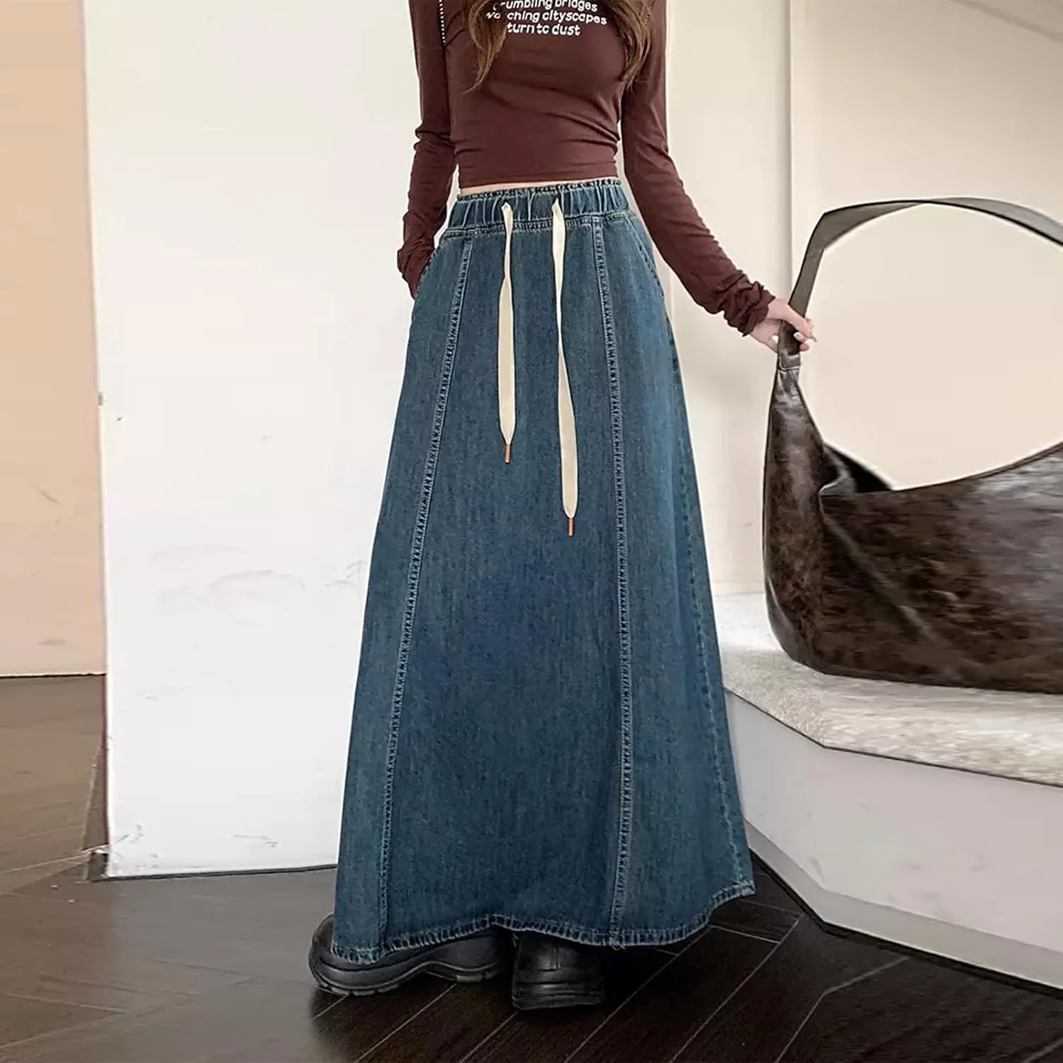 Women Y2K Casual Denim Long Skirts Drawstring Elastic High Waisted A Line Midi Flowy Jean Skirt with Pockets