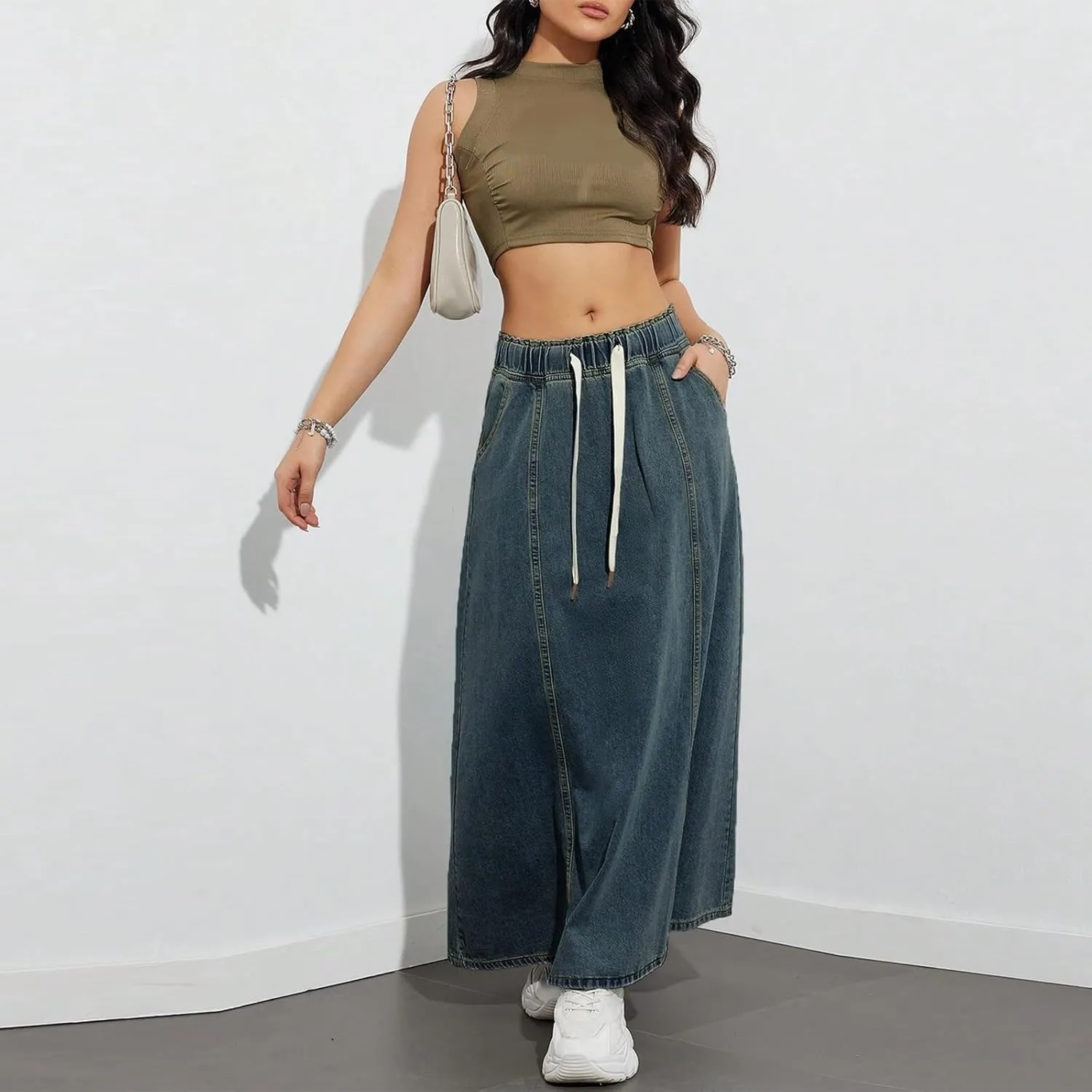 Women Y2K Casual Denim Long Skirts Drawstring Elastic High Waisted A Line Midi Flowy Jean Skirt with Pockets