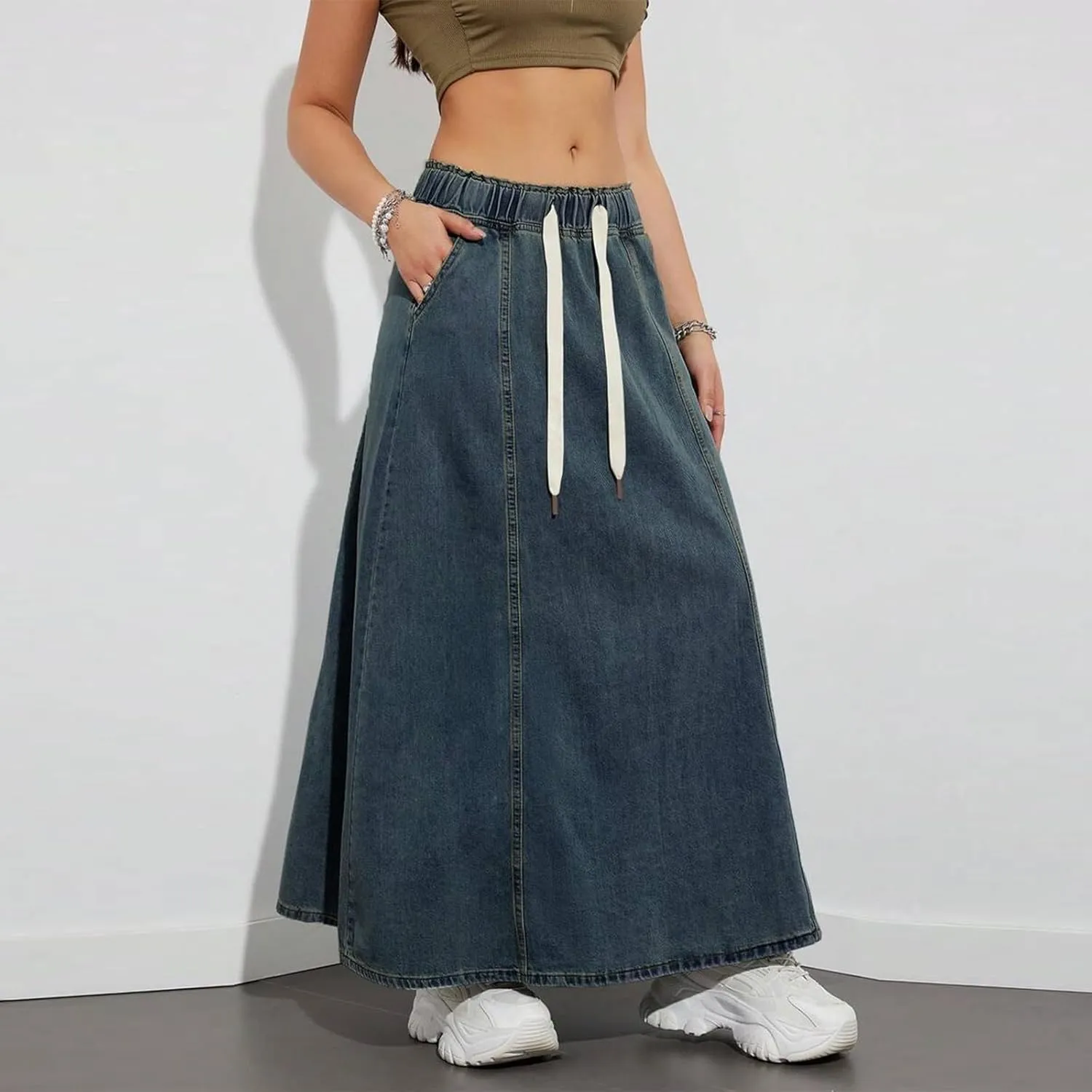 Women Y2K Casual Denim Long Skirts Drawstring Elastic High Waisted A Line Midi Flowy Jean Skirt with Pockets