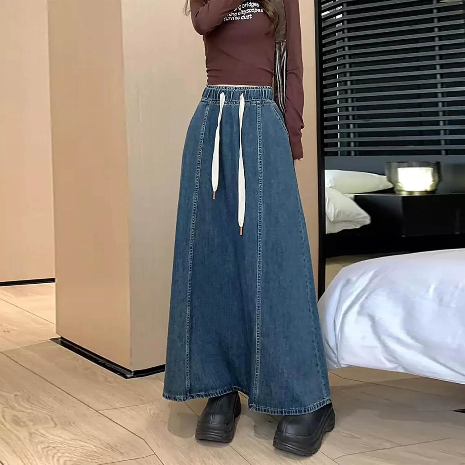 Women Y2K Casual Denim Long Skirts Drawstring Elastic High Waisted A Line Midi Flowy Jean Skirt with Pockets