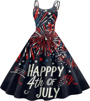 Womens 4th of July Dress Flag Print Sexy Spaghetti Strap Patriotic Punk Dresses A-Line Independence Day Clothes