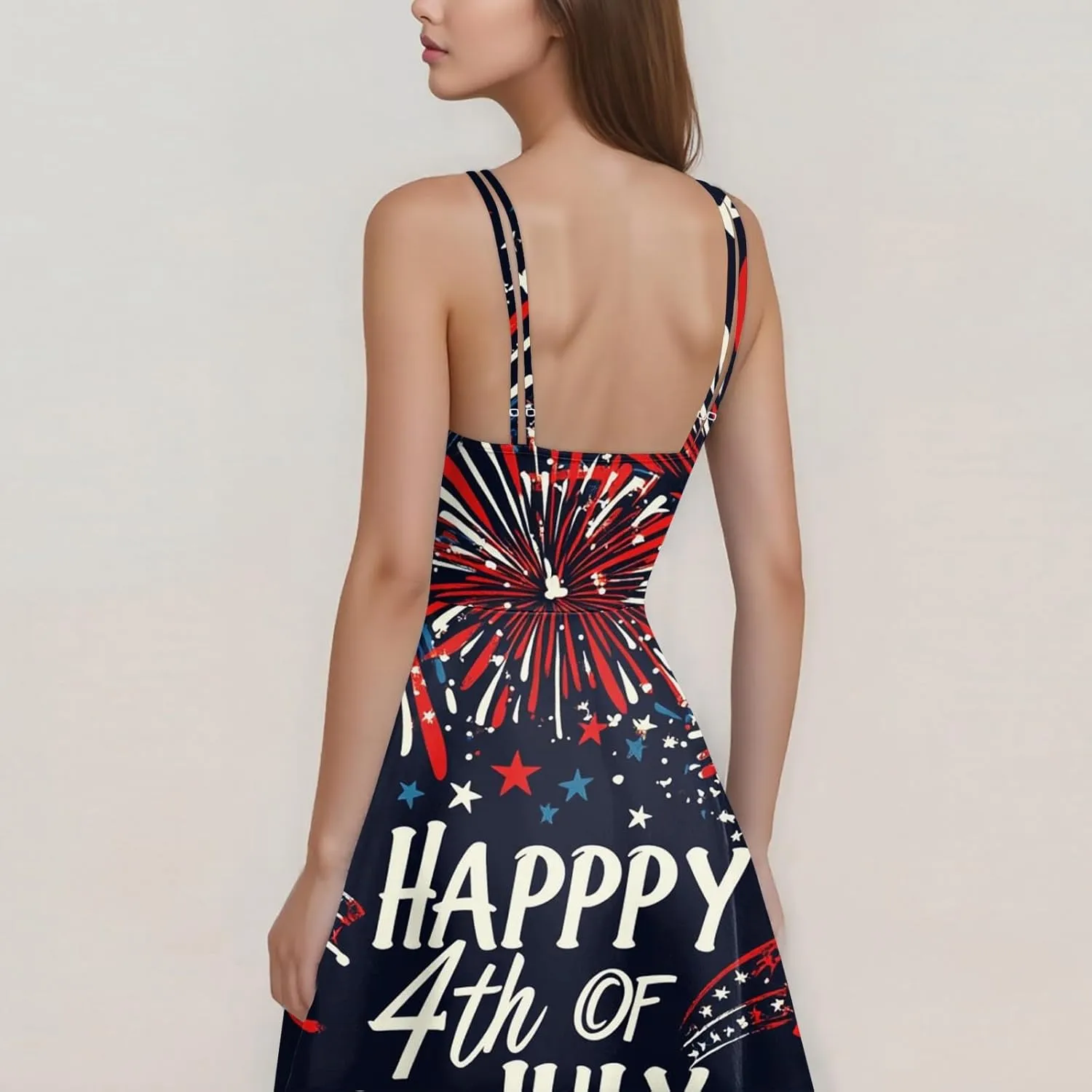 Womens 4th of July Dress Flag Print Sexy Spaghetti Strap Patriotic Punk Dresses A-Line Independence Day Clothes