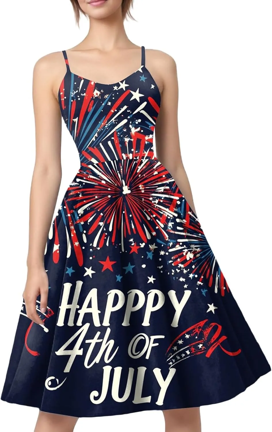 Womens 4th of July Dress Flag Print Sexy Spaghetti Strap Patriotic Punk Dresses A-Line Independence Day Clothes
