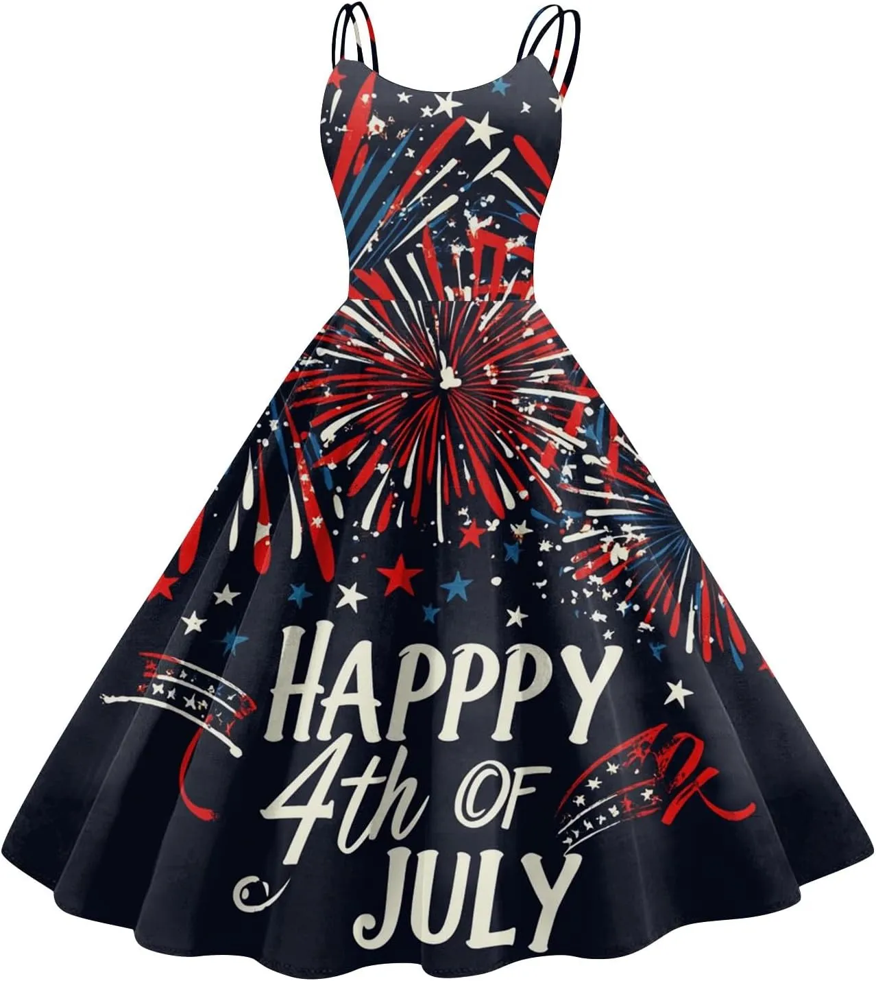 Womens 4th of July Dress Flag Print Sexy Spaghetti Strap Patriotic Punk Dresses A-Line Independence Day Clothes