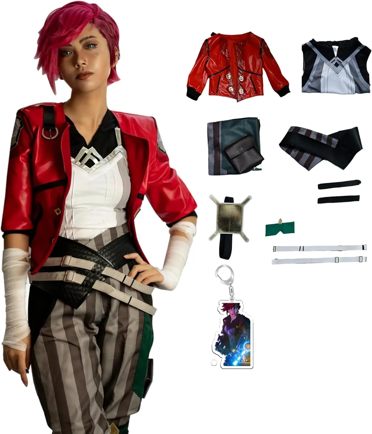 Women's Anime Vi Cosplay Red Leather Jacket Full Set Costume Halloween Party