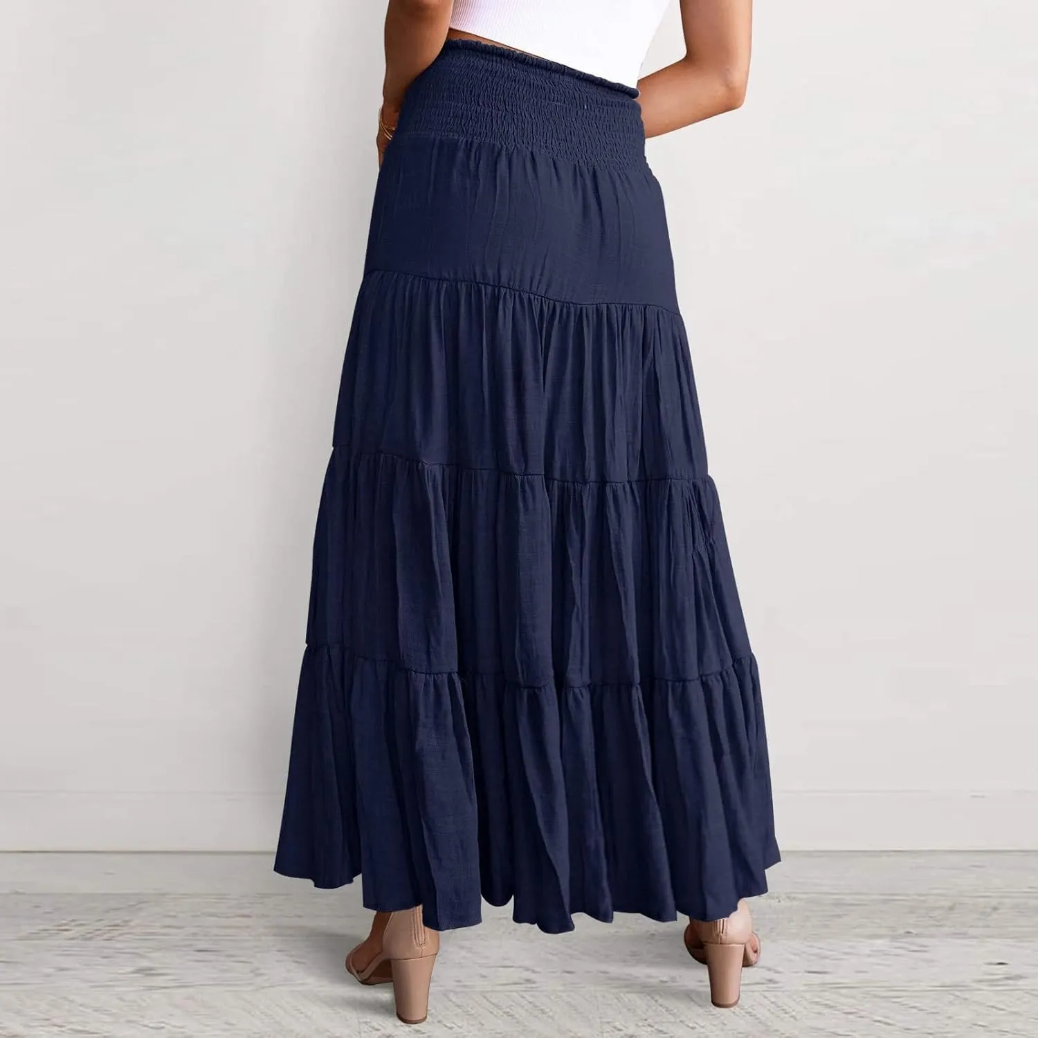 Women's Beach Maxi Skirts Elastic High Waist Drawstring Tired Pleated Skirt Summer Flowy Boho A Line Long Skirt