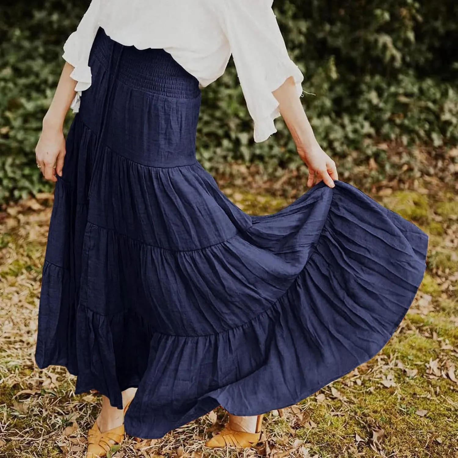 Women's Beach Maxi Skirts Elastic High Waist Drawstring Tired Pleated Skirt Summer Flowy Boho A Line Long Skirt