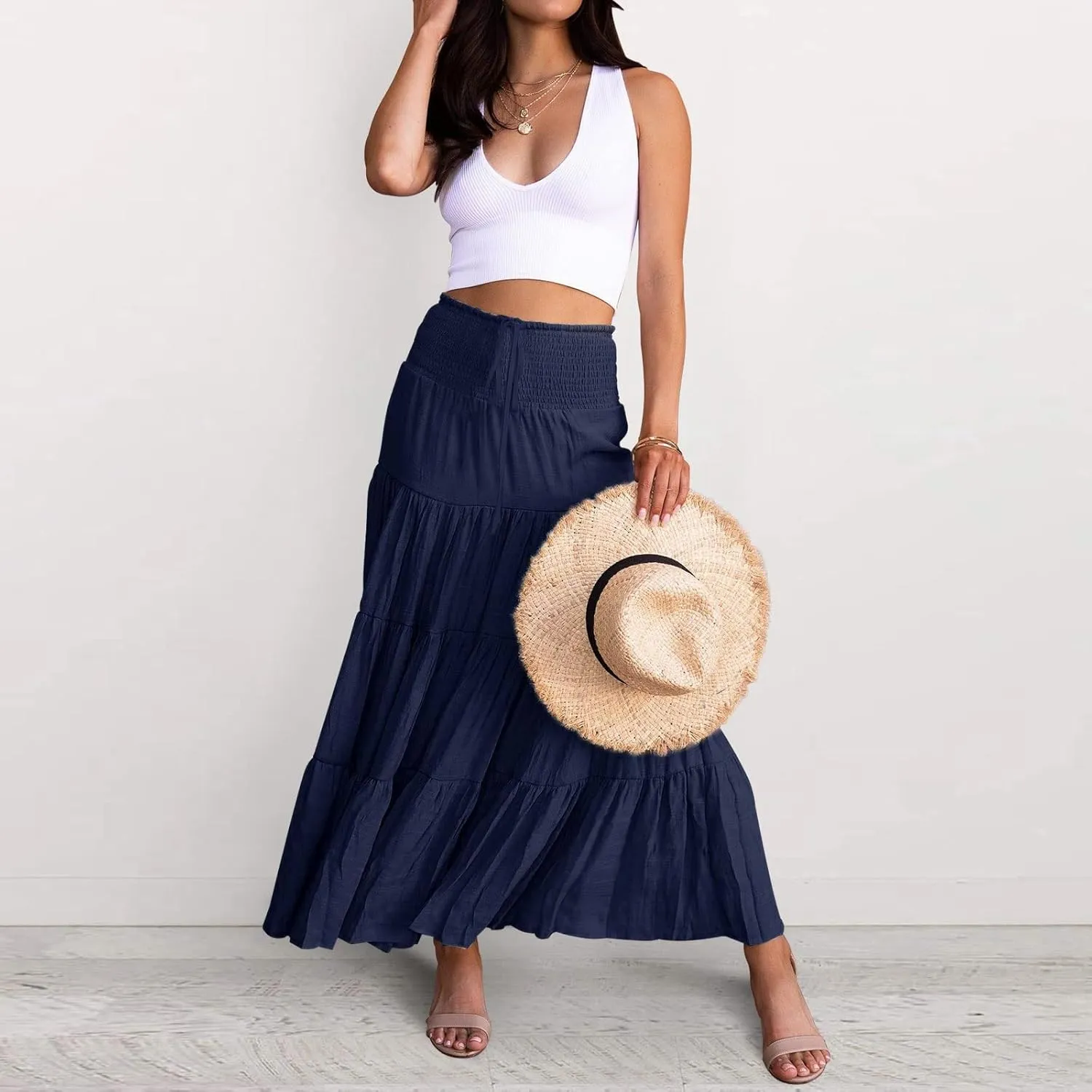 Women's Beach Maxi Skirts Elastic High Waist Drawstring Tired Pleated Skirt Summer Flowy Boho A Line Long Skirt