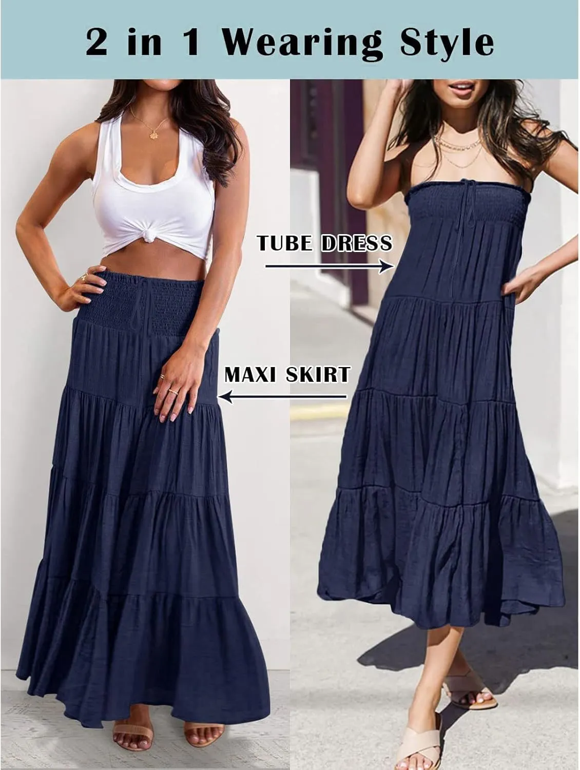 Women's Beach Maxi Skirts Elastic High Waist Drawstring Tired Pleated Skirt Summer Flowy Boho A Line Long Skirt