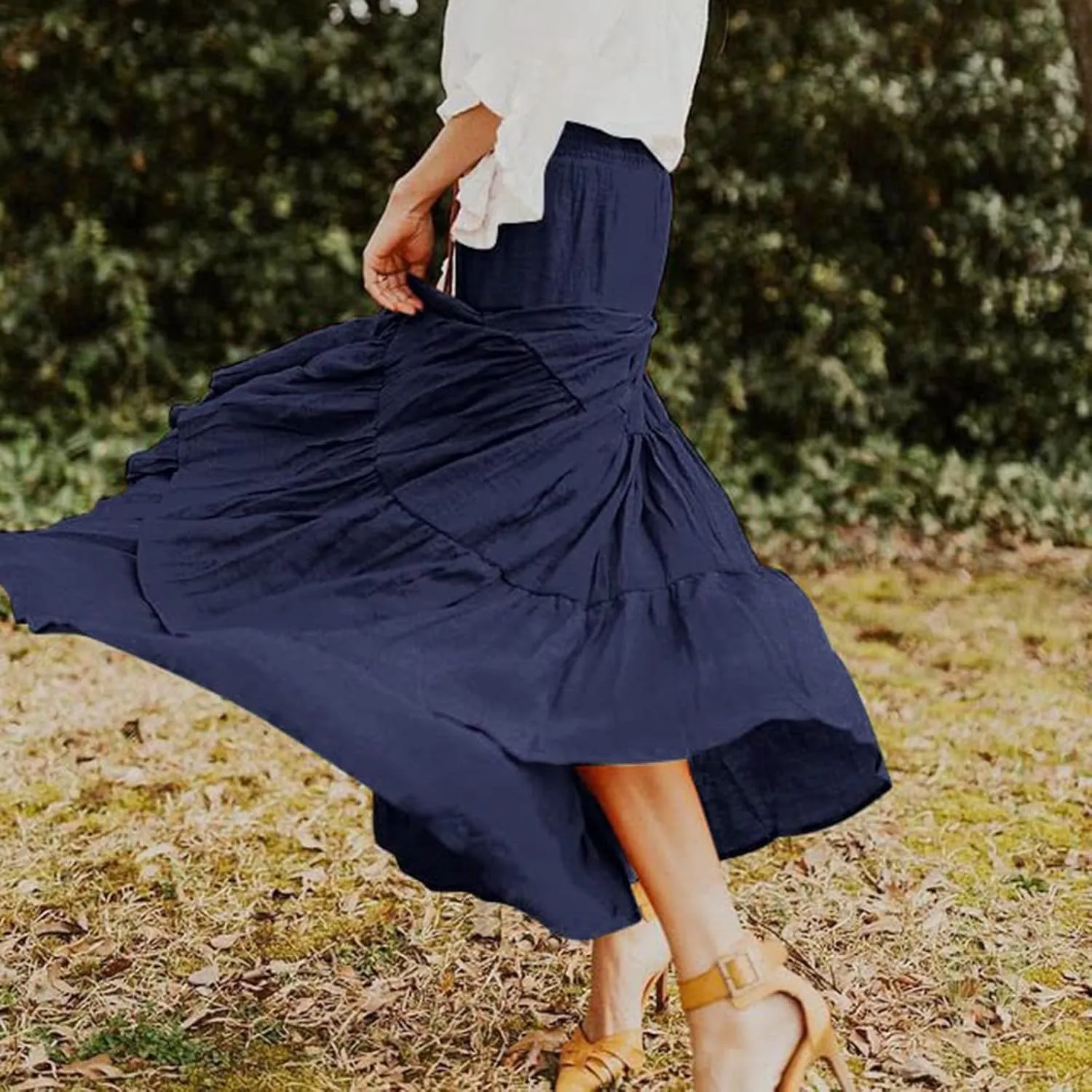 Women's Beach Maxi Skirts Elastic High Waist Drawstring Tired Pleated Skirt Summer Flowy Boho A Line Long Skirt
