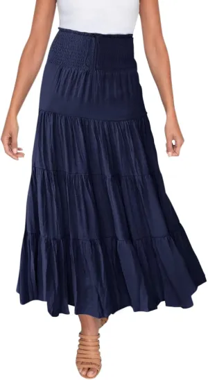 Women's Beach Maxi Skirts Elastic High Waist Drawstring Tired Pleated Skirt Summer Flowy Boho A Line Long Skirt