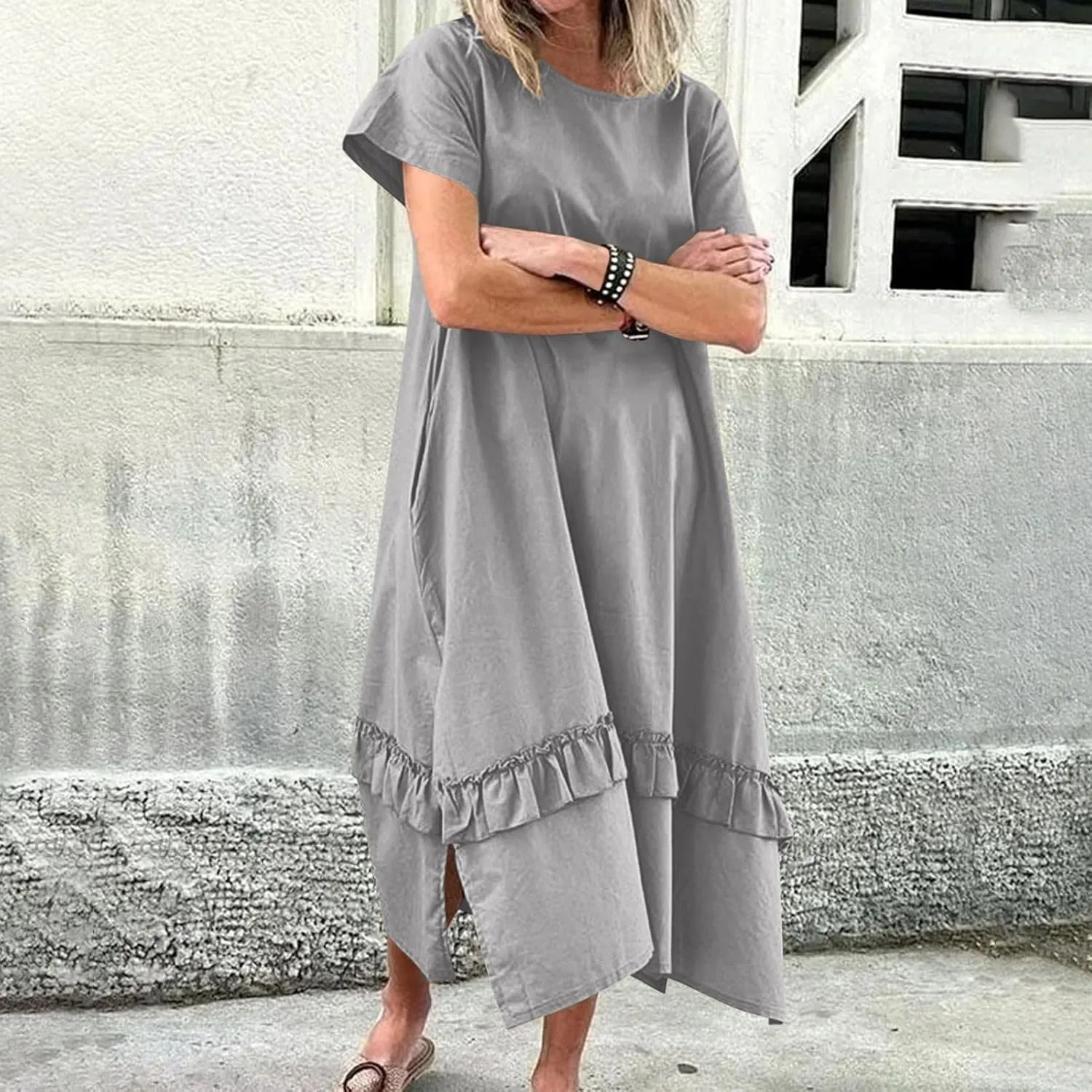 Womens Boho Floral Flowy Midi Dresses Casual Loose Summer Short Sleeve Beach Dress with Pockets Side Slit Spring Clothes 2025