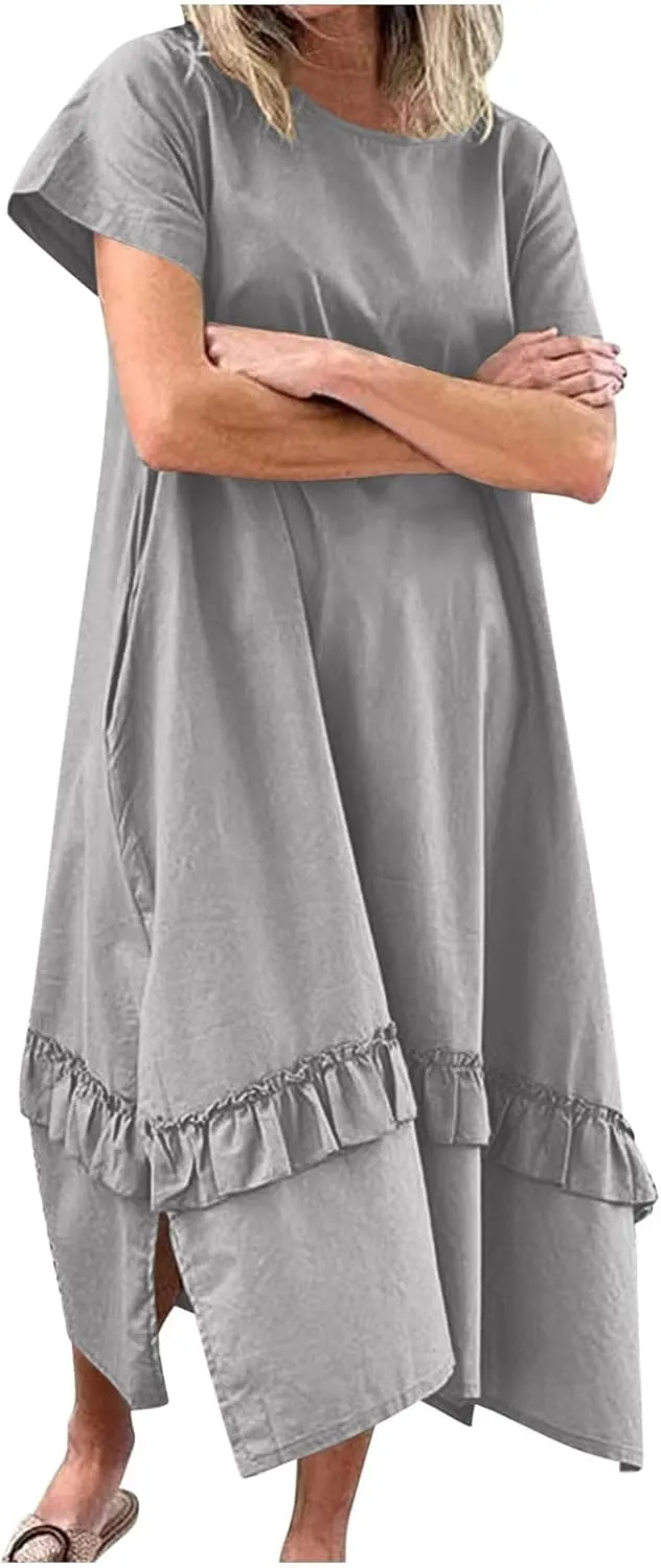 Womens Boho Floral Flowy Midi Dresses Casual Loose Summer Short Sleeve Beach Dress with Pockets Side Slit Spring Clothes 2025
