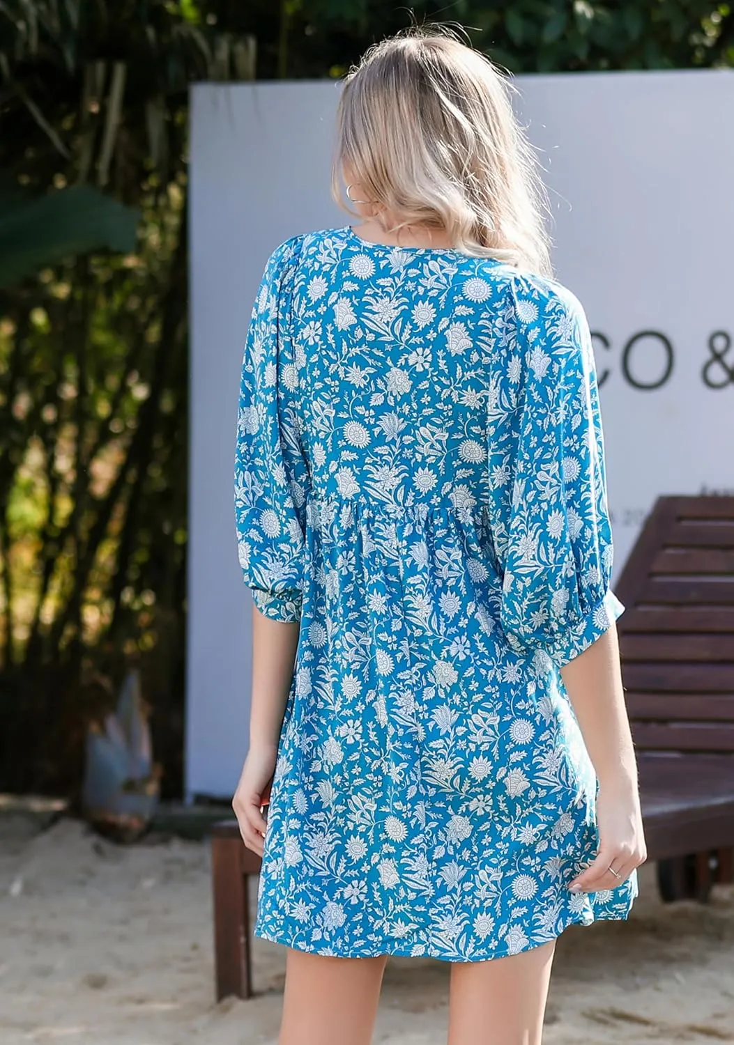 Womens Boho Floral Short Dress: Summer Cute Puff Sleeve - Casual V Neck A Line Tops - Flowy Mini Garden Sun Dress 2415