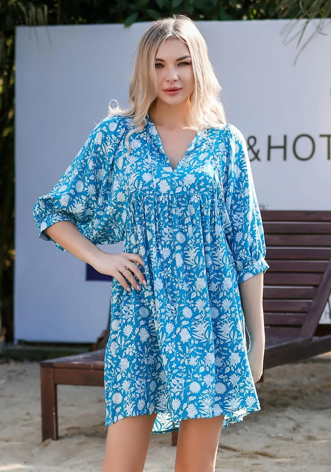 Womens Boho Floral Short Dress: Summer Cute Puff Sleeve - Casual V Neck A Line Tops - Flowy Mini Garden Sun Dress 2415