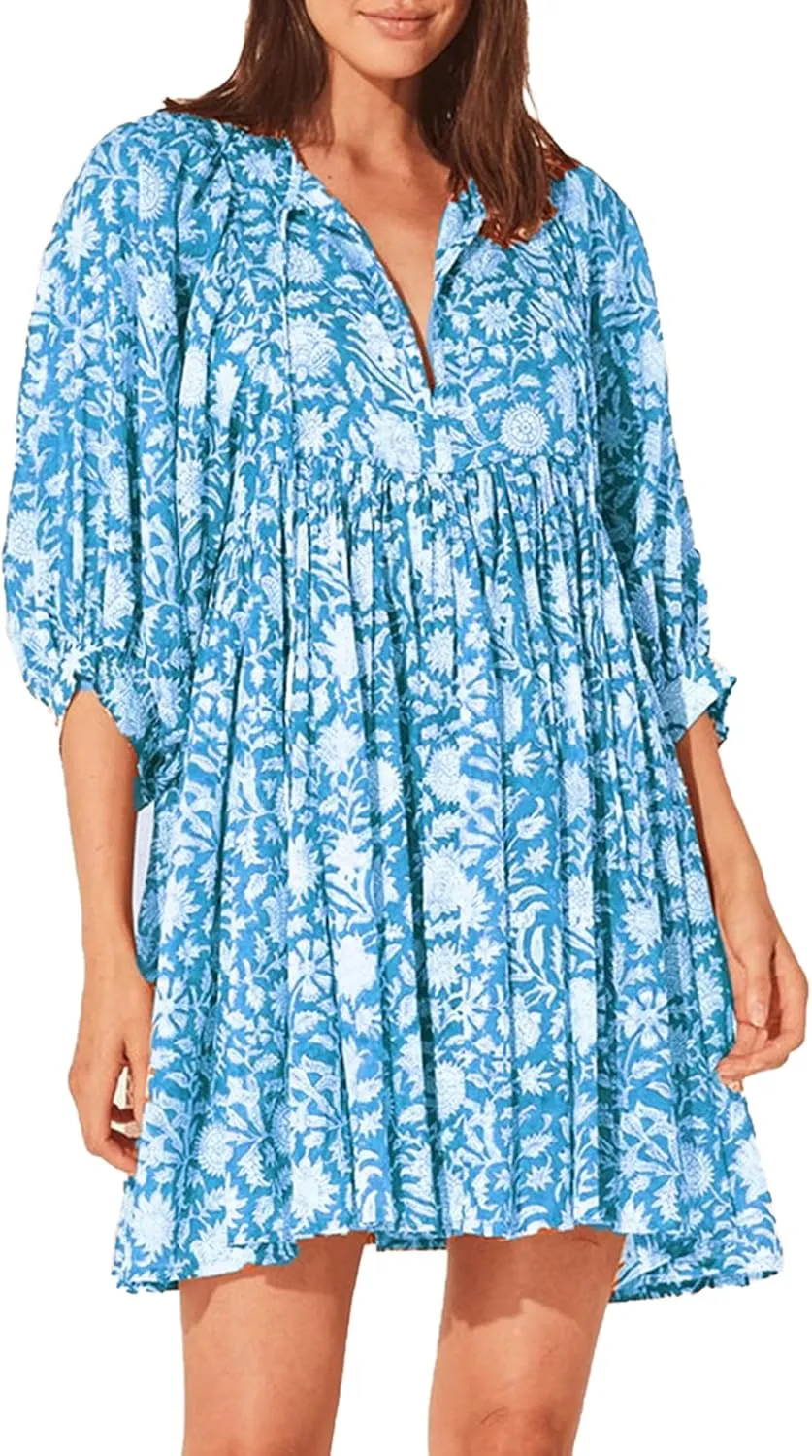 Womens Boho Floral Short Dress: Summer Cute Puff Sleeve - Casual V Neck A Line Tops - Flowy Mini Garden Sun Dress 2415
