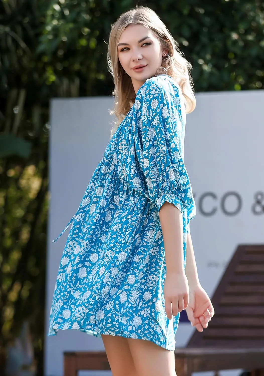Womens Boho Floral Short Dress: Summer Cute Puff Sleeve - Casual V Neck A Line Tops - Flowy Mini Garden Sun Dress 2415