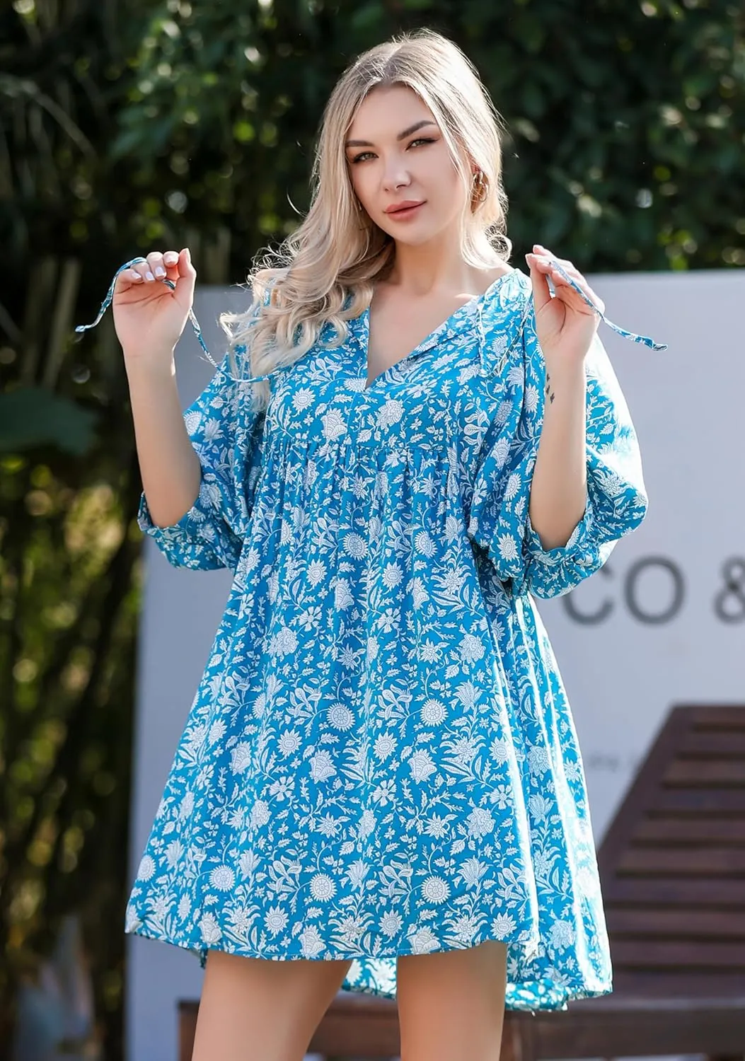 Womens Boho Floral Short Dress: Summer Cute Puff Sleeve - Casual V Neck A Line Tops - Flowy Mini Garden Sun Dress 2415